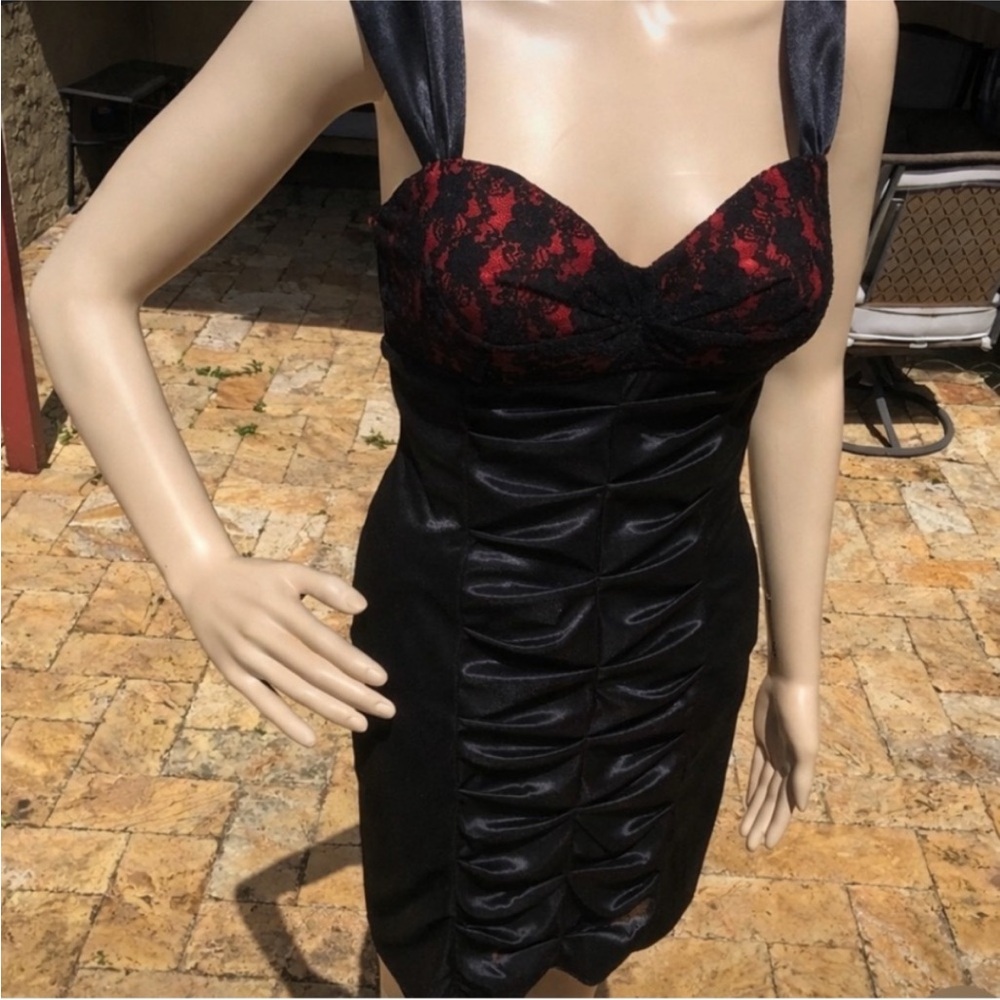 Black Satin Cocktail Dress with Red Lace Bodice. Love Tease Ruched Dress